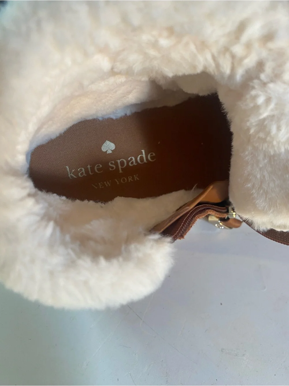 Kate Spade Harper Gingerbread Suede Winter Sneakers Plush White Faux Fur Lining